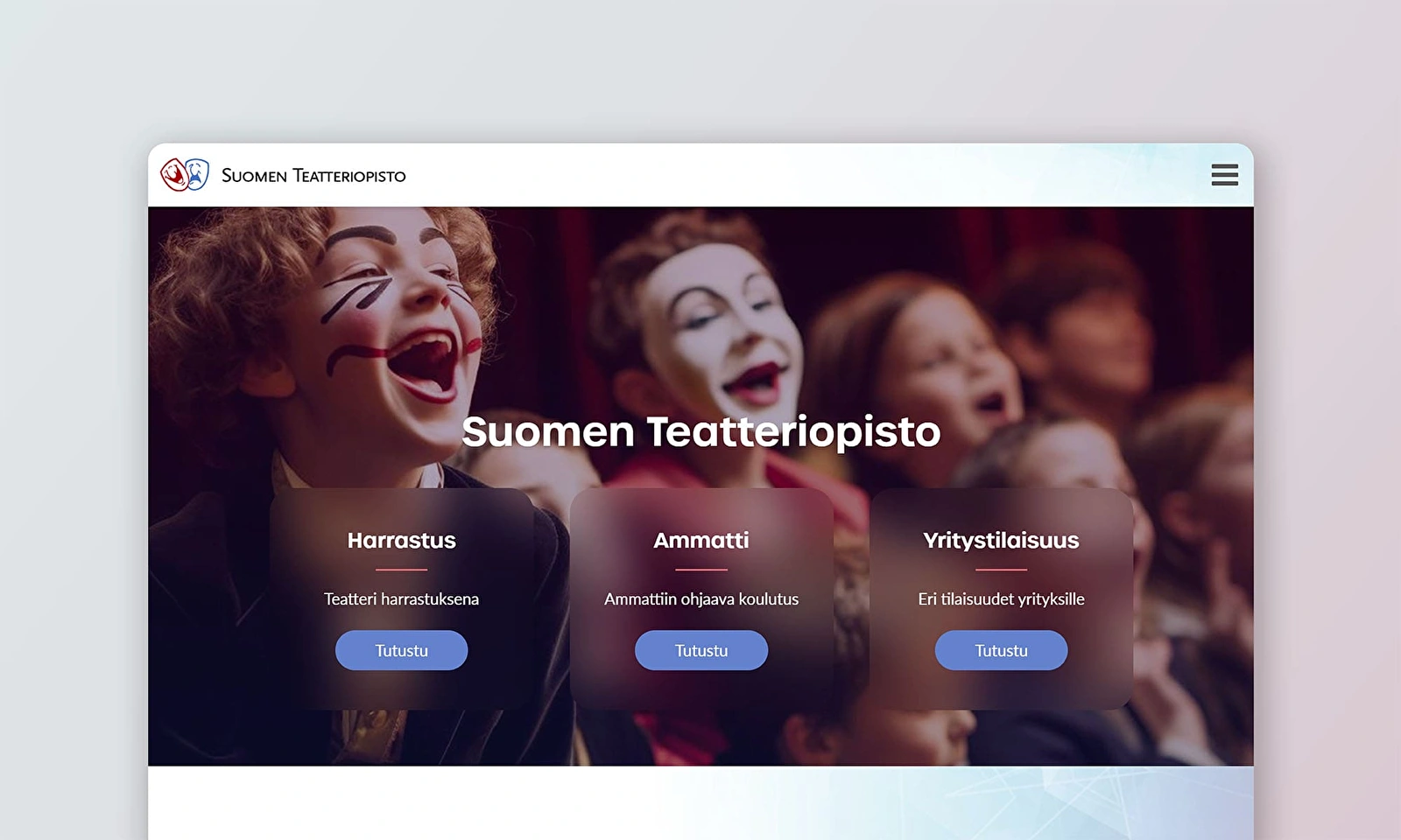 Suomen Teatteriopiston verkkosivujen etusivu.